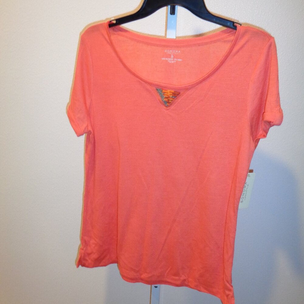Sonoma Women's Short Sleeve Coral Shirt SIze Large NWT Polyester Linen